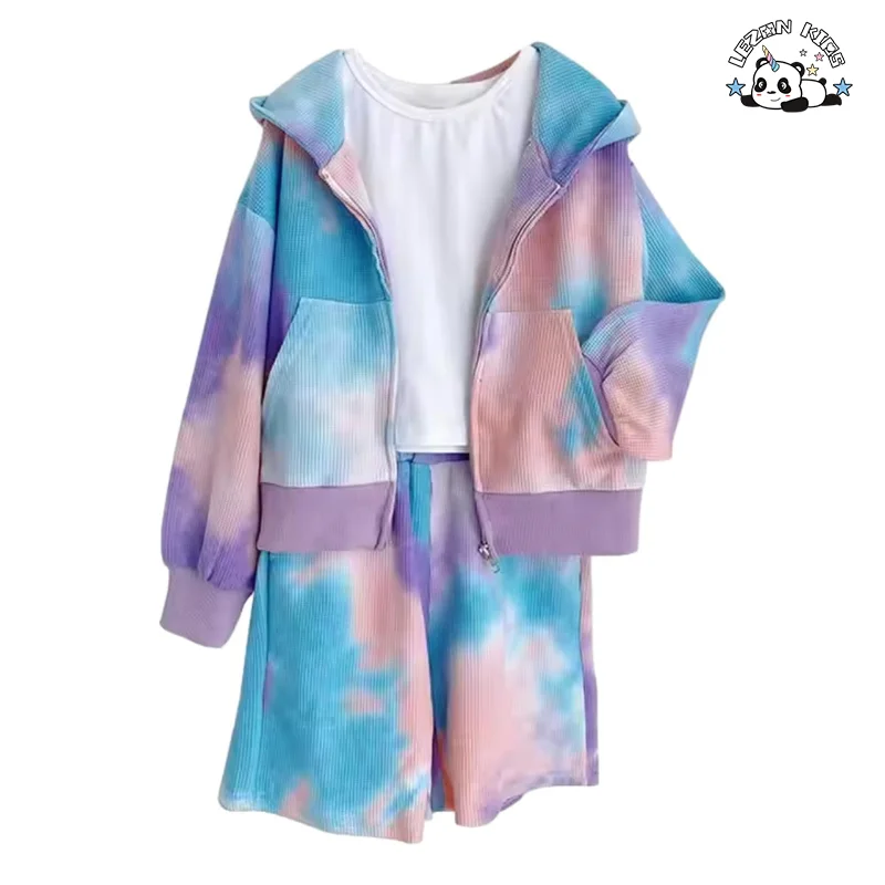 LEZONKIDS - Conjuntos de Roupas Infantis Unisex Casuais Esportivos com Capuz e Zíper, Camisa e Short para Meninos e Meninas com Estampa Tie Dye